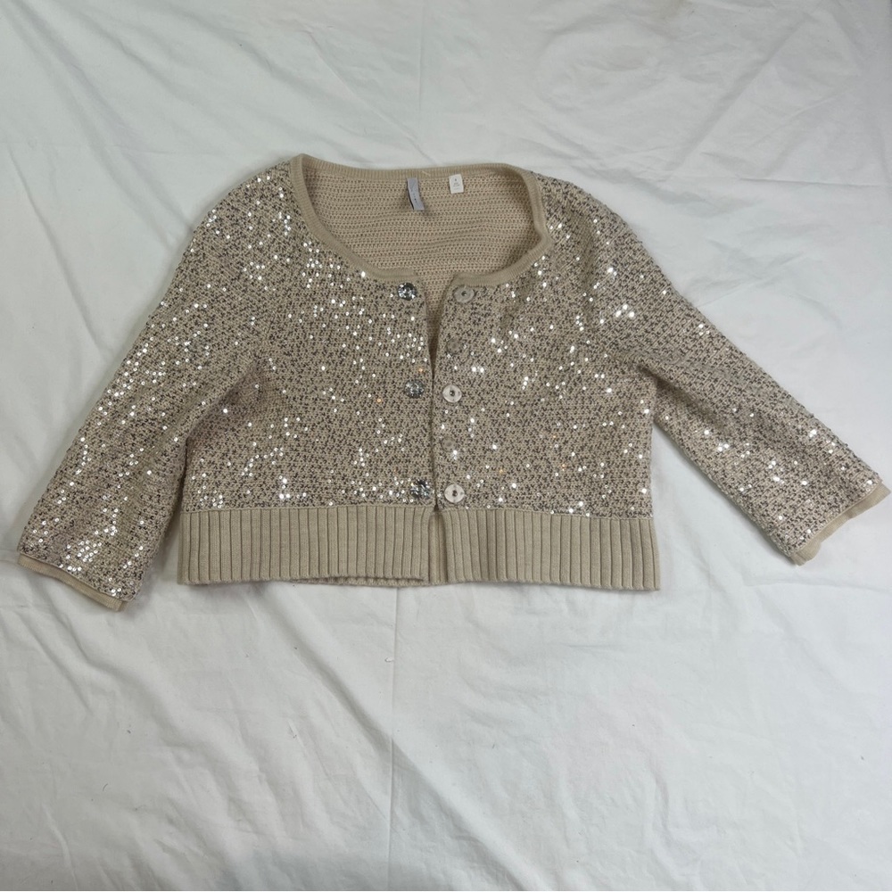 IISLI Women Crop Palette Beaded Sparkle Beige 3/4 Sleeve Cardigan 8 A031022